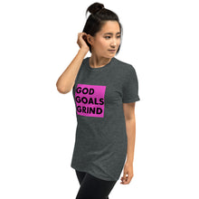Load image into Gallery viewer, GOD GOALS GRIND Unisex Tee (Black Print/Fuchsia Pink Box)