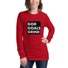 Load image into Gallery viewer, GOD GOALS GRIND Unisex Long Sleeve Tee (White Print/Black Box)