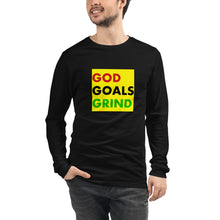 Load image into Gallery viewer, GOD GOALS GRIND Unisex Long Sleeve Tee (Red/Black/Green Print)