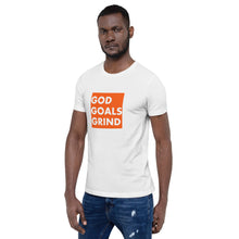 Load image into Gallery viewer, GOD GOALS GRIND Unisex Tee (White Print/Orange Box)