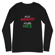 Load image into Gallery viewer, Naughty/Nice Unisex Long Sleeve Tee (White/Red/Green Print)