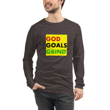 Load image into Gallery viewer, GOD GOALS GRIND Unisex Long Sleeve Tee (Red/Black/Green Print)