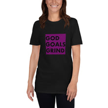 Load image into Gallery viewer, GOD GOALS GRIND Unisex Tee (Black Print/Purple Box)