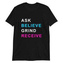 Load image into Gallery viewer, ASK BELIEVE Unisex Tee (White/Aqua/Pink Print)