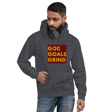 Load image into Gallery viewer, GOD GOALS GRIND Unisex Hoodie (Gold Print/Maroon Box)