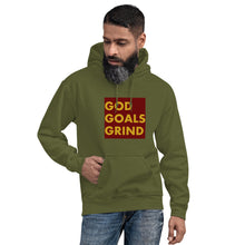 Load image into Gallery viewer, GOD GOALS GRIND Unisex Hoodie (Gold Print/Maroon Box)