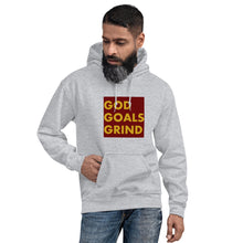Load image into Gallery viewer, GOD GOALS GRIND Unisex Hoodie (Gold Print/Maroon Box)
