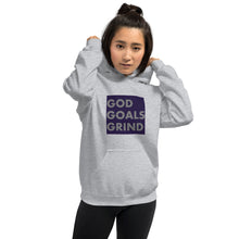Load image into Gallery viewer, GOD GOALS GRIND Unisex Hoodie (Gray Print/Navy Box)
