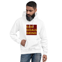 Load image into Gallery viewer, GOD GOALS GRIND Unisex Hoodie (Gold Print/Maroon Box)