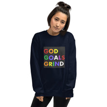 Load image into Gallery viewer, GOD GOALS GRIND Unisex Sweatshirt (Rainbow Print/Black Box)
