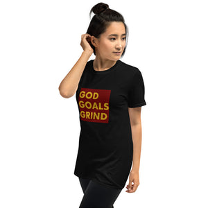 GOD GOALS GRIND Unisex Tee (Gold Print/Maroon Box)