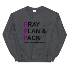 Load image into Gallery viewer, PRAY PLAN PACK - DV Awareness Unisex Sweatshirt (Purple/Black Print)
