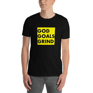 GOD GOALS GRIND Unisex Tee (Black Print/Gold Box)