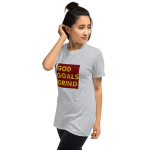 GOD GOALS GRIND Unisex Tee (Gold Print/Maroon Box)