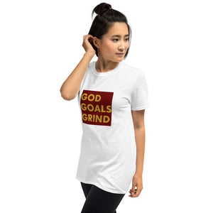 GOD GOALS GRIND Unisex Tee (Gold Print/Maroon Box)