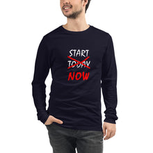 Load image into Gallery viewer, START NOW Unisex Long Sleeve Tee (White/Red Print)
