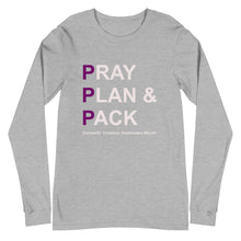 Load image into Gallery viewer, PRAY PLAN PACK - DV Awareness Unisex Long Sleeve Tee (Purple/White Print)
