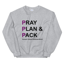 Load image into Gallery viewer, PRAY PLAN PACK - DV Awareness Unisex Sweatshirt (Purple/Black Print)
