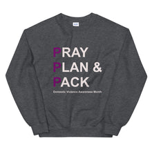 Load image into Gallery viewer, PRAY PLAN PACK - DV Awareness Unisex Sweatshirt (Purple/White Print)
