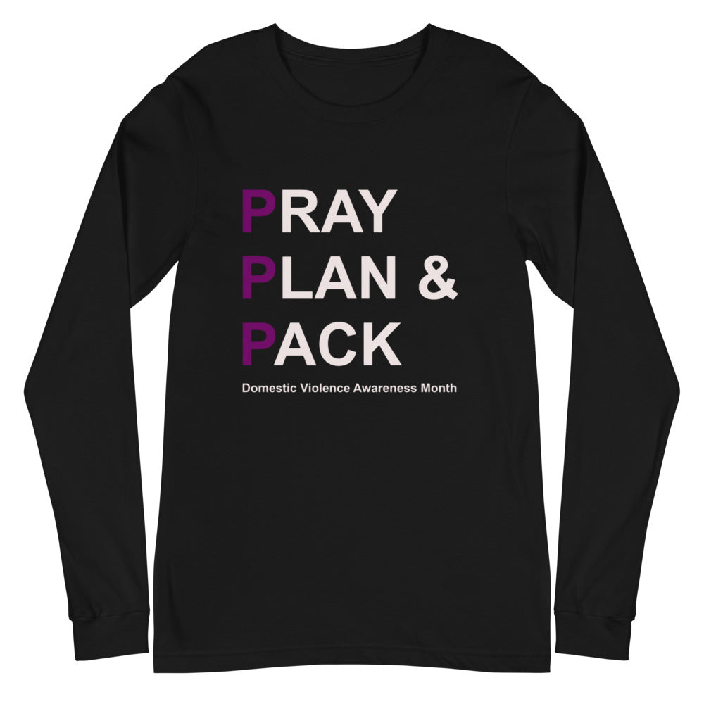 PRAY PLAN PACK - DV Awareness Unisex Long Sleeve Tee (Purple/White Print)