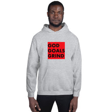 Load image into Gallery viewer, GOD GOALS GRIND Unisex Hoodie (Black print / Red box)
