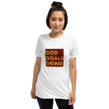 Load image into Gallery viewer, GOD GOALS GRIND Unisex Tee (Gold Print/Maroon Box)
