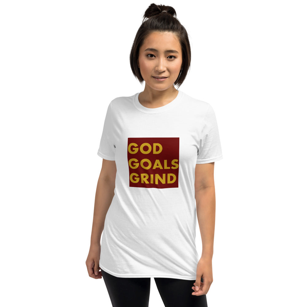 GOD GOALS GRIND Unisex Tee (Gold Print/Maroon Box)