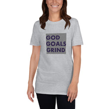 Load image into Gallery viewer, GOD GOALS GRIND Unisex Tee (Navy Print/Gray Box)
