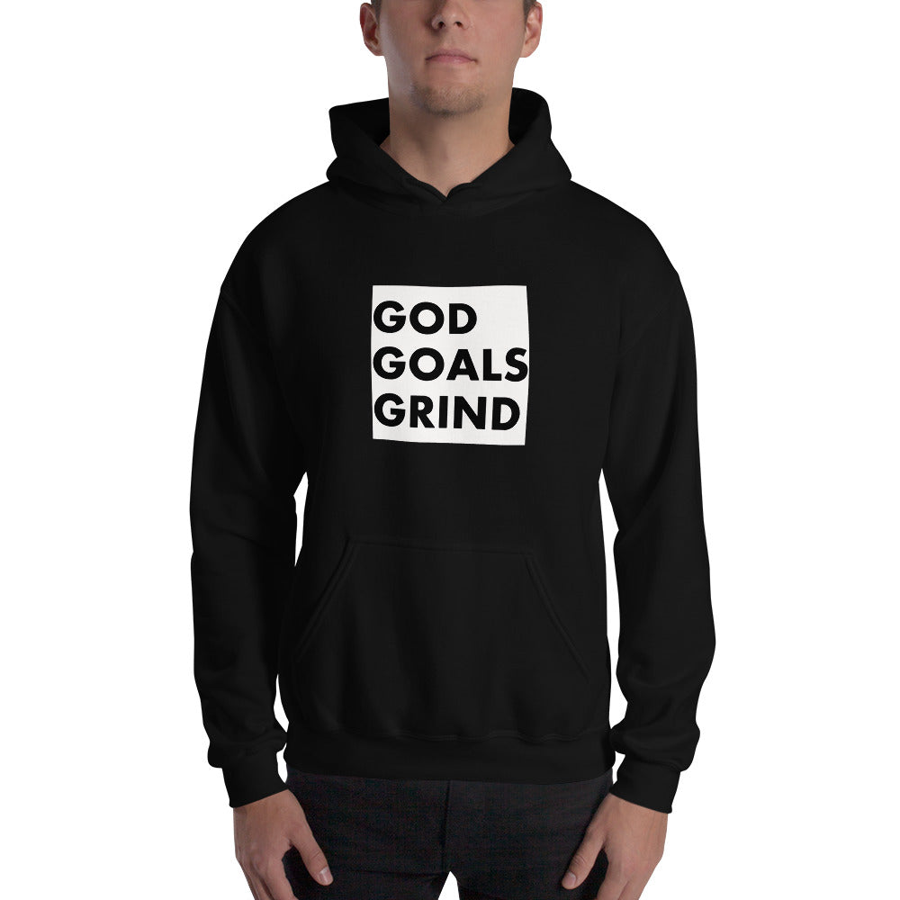 GOD GOALS GRIND Unisex Hoodie (Black Print/White Box)