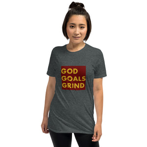 GOD GOALS GRIND Unisex Tee (Gold Print/Maroon Box)