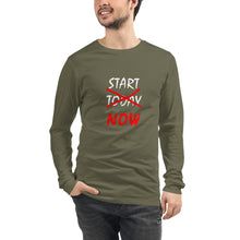 Load image into Gallery viewer, START NOW Unisex Long Sleeve Tee (White/Red Print)
