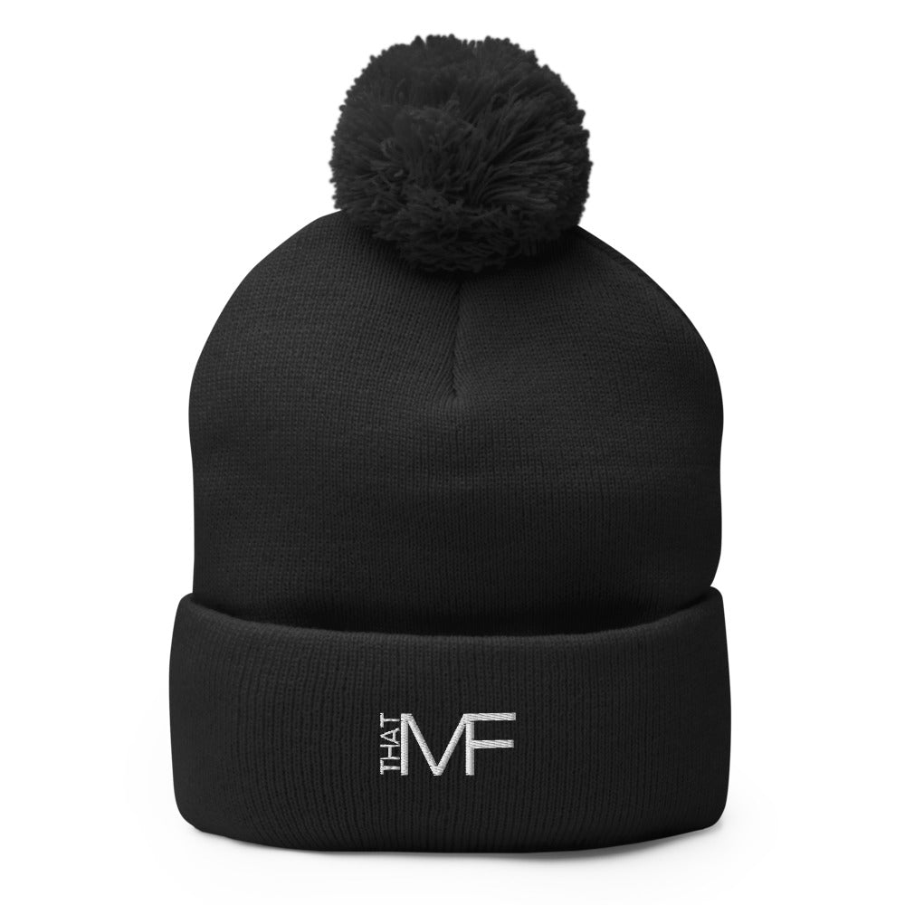 That MF Logo Pom-Pom Beanie (White Stitch)