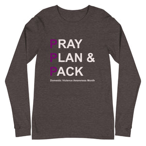 PRAY PLAN PACK - DV Awareness Unisex Long Sleeve Tee (Purple/White Print)