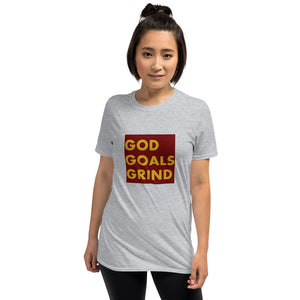 GOD GOALS GRIND Unisex Tee (Gold Print/Maroon Box)