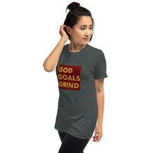 Load image into Gallery viewer, GOD GOALS GRIND Unisex Tee (Gold Print/Maroon Box)
