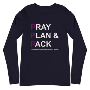 PRAY PLAN PACK - DV Awareness Unisex Long Sleeve Tee (Purple/White Print)