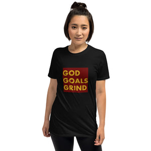 GOD GOALS GRIND Unisex Tee (Gold Print/Maroon Box)