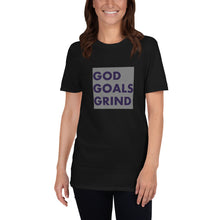 Load image into Gallery viewer, GOD GOALS GRIND Unisex Tee (Navy Print/Gray Box)
