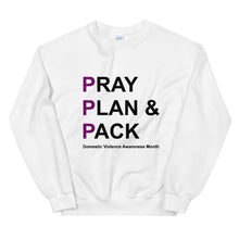 Load image into Gallery viewer, PRAY PLAN PACK - DV Awareness Unisex Sweatshirt (Purple/Black Print)
