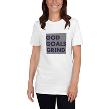 Load image into Gallery viewer, GOD GOALS GRIND Unisex Tee (Navy Print/Gray Box)
