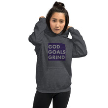 Load image into Gallery viewer, GOD GOALS GRIND Unisex Hoodie (Gray Print/Navy Box)
