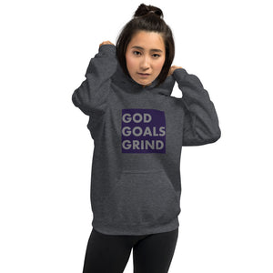 GOD GOALS GRIND Unisex Hoodie (Gray Print/Navy Box)