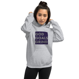 GOD GOALS GRIND Unisex Hoodie (Gray Print/Navy Box)