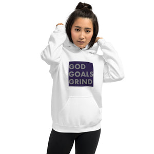 GOD GOALS GRIND Unisex Hoodie (Gray Print/Navy Box)