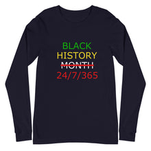 Load image into Gallery viewer, Black History 24/7/365 Unisex Long Sleeve Tee (Multi w/White Print)
